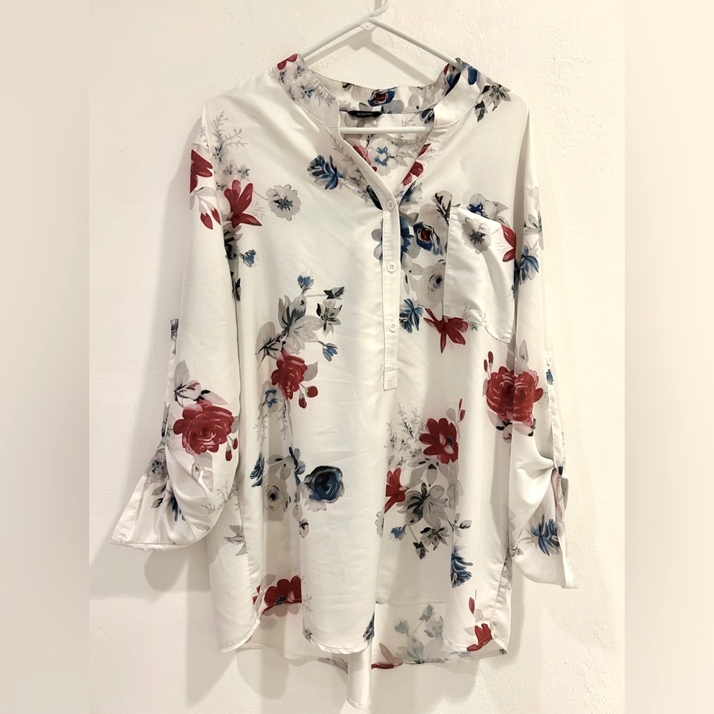 Floral Button-Up Blouse Roll Tab Sleeves 2XL
